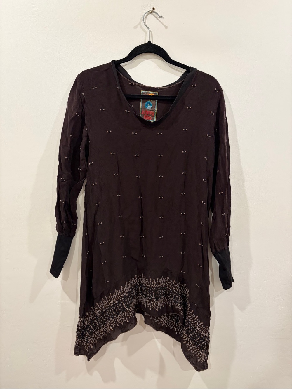 Johnny Was Embellished Brown Long-Sleeve Tunic with Patterned Embroidered Hem
